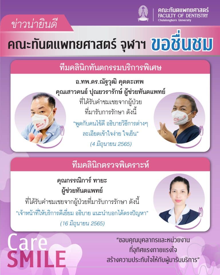 บุคลากรได้รับการชมเชยจากผู้มารับบริการรักษาทางทันตกรรม (เดือนมิถุนายน 2565)