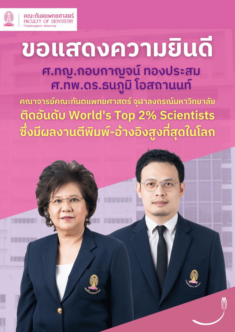 คณะทันตแพทยศาสตร์ จุฬาฯ ขอแสดงความยินดีกับ ศ.ทญ.กอบกาญจน์ ทองประสม และศ.ทพ.ดร.ธนภูมิ โอสถานนท์ ในโอกาสที่ ติดอันดับ World’s Top 2% Scientists ซึ่งมีผลงานตีพิมพ์ – อ้างอิงสูงที่สุดในโลก
