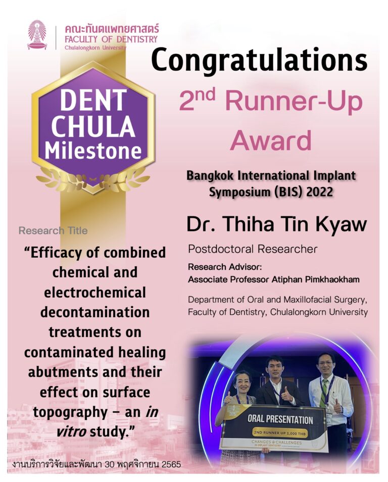 คณะทันตแพทยศาสตร์ จุฬาฯ ขอแสดงความยินดีกับ Dr. Thiha Tim Kyaw นักวิจัยหลังปริญญาเอก ภาควิชาศัลยศาสตร์ช่องปากและเม็กซิลโลเฟเชียล ที่ได้รับรางวัลการนำเสนอผลงานวิจัย the 2nd Runner-up Award จากงานประชุม Bangkok International Implant Symposium 2022