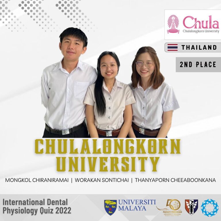 ขอแสดงความยินดีกับนิสิตระดับปริญญาบัณฑิต นทพ.วรกานต์ สนธิไชย นทพ.มงคล จิรนิรามัย และนทพ.ธันยพร เชี้ยบุญคณา ที่ได้รับรางวัลรองชนะเลิศ ในการแข่งขัน The 6th International Dental Physiology Quiz 2022
