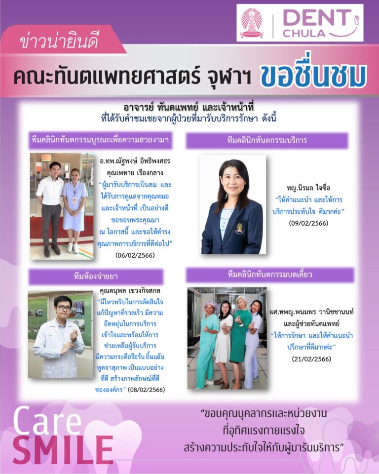 บุคลากรได้รับการชมเชยจากผู้มารับบริการรักษาทางทันตกรรม (เดือนกุมภาพันธ์ 2566)