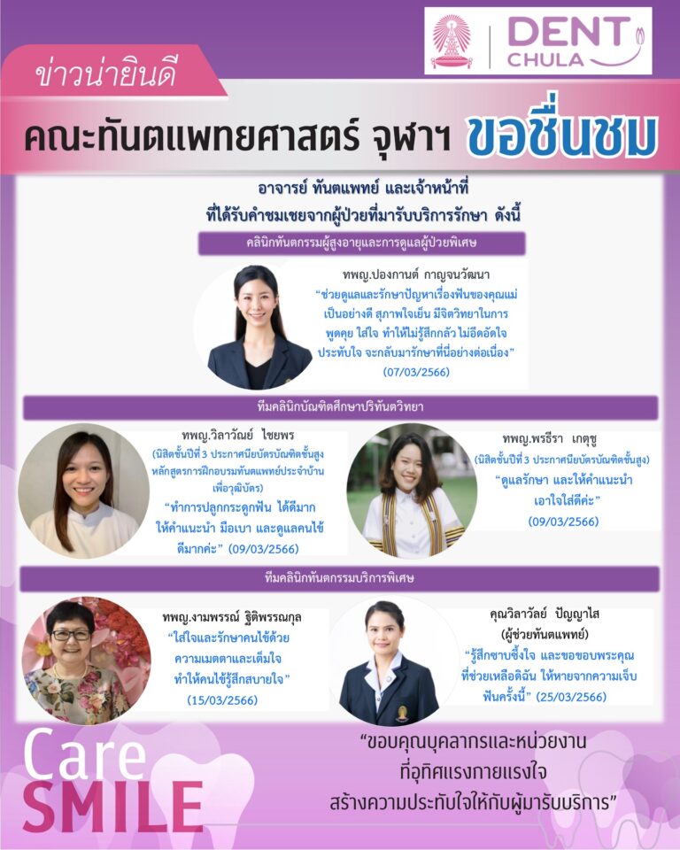 บุคลากรได้รับการชมเชยจากผู้มารับบริการรักษาทางทันตกรรม (เดือนมีนาคม 2566)