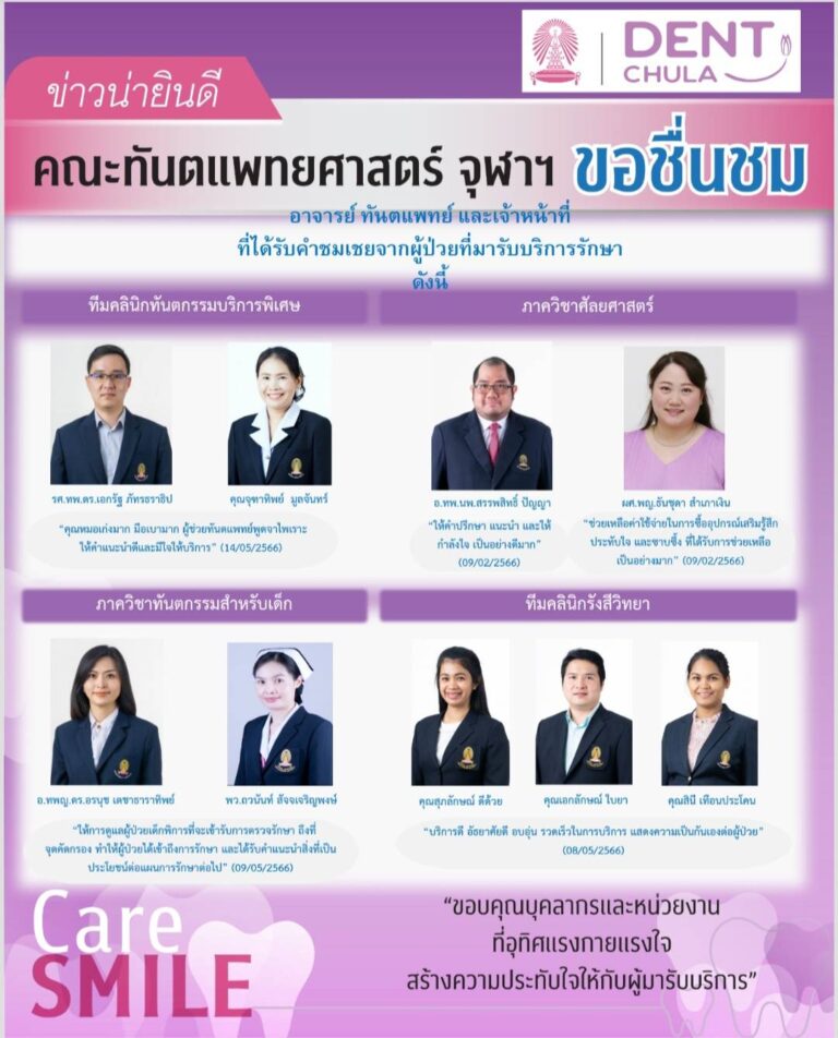บุคลากรได้รับการชมเชยจากผู้มารับบริการรักษาทางทันตกรรม (เดือนพฤษภาคม 2566)