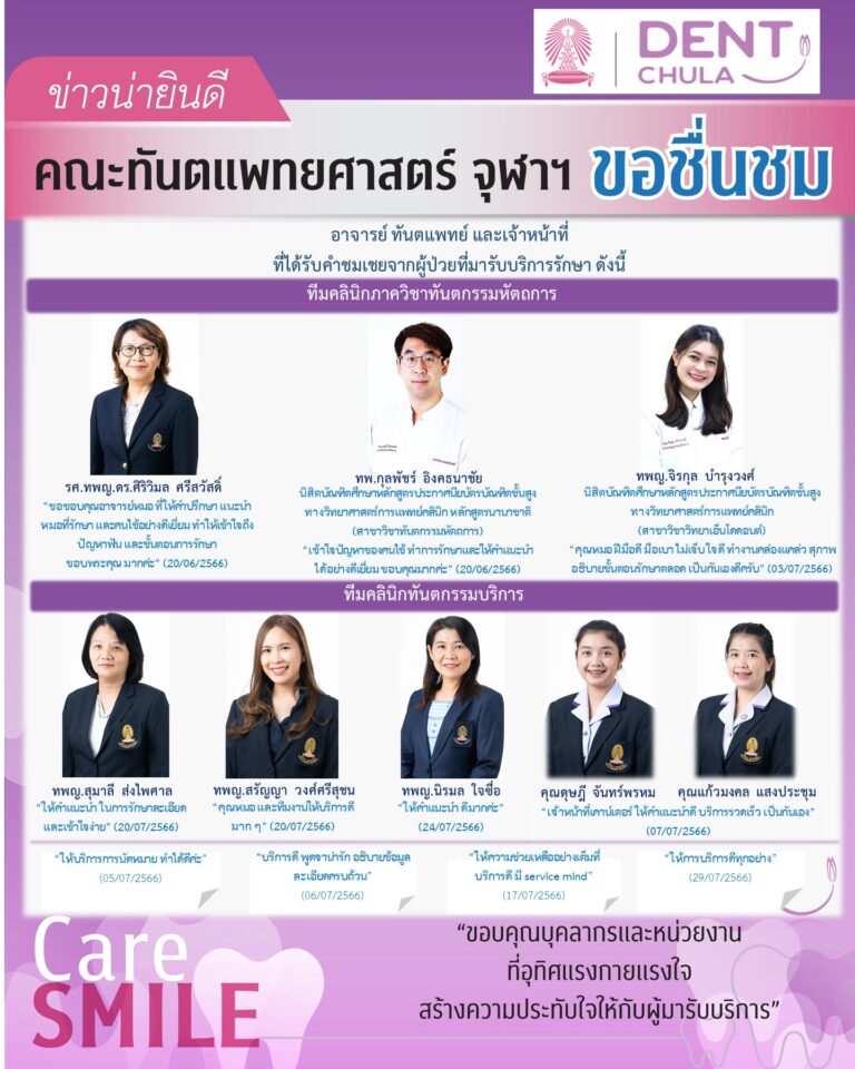 บุคลากรได้รับการชมเชยจากผู้มารับบริการรักษาทางทันตกรรม (เดือนกรกฎาคม 2566)