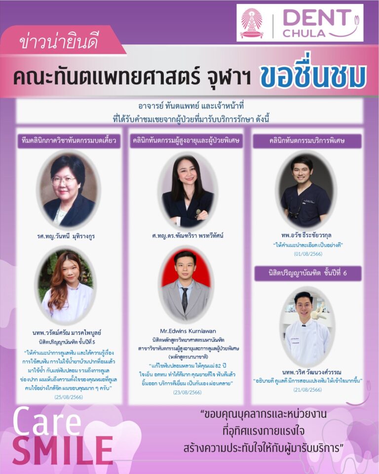 บุคลากรได้รับการชมเชยจากผู้มารับบริการรักษาทางทันตกรรม (เดือนสิงหาคม 2566)