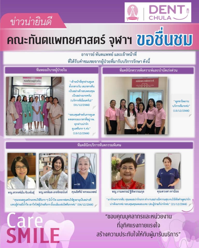 บุคลากรได้รับการชมเชยจากผู้มารับบริการรักษาทางทันตกรรม (เดือนธันวาคม 2566)