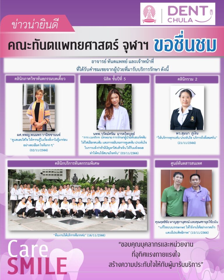 บุคลากรได้รับการชมเชยจากผู้มารับบริการรักษาทางทันตกรรม (เดือนพฤศจิกายน 2566)