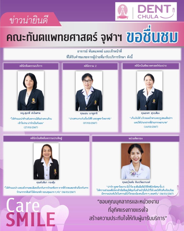ขอแสดงความชื่นชมแก่บุคลากรที่ได้รับคำชมเชยจากผู้ป่วยที่มาทำการรักษา ประจำเดือนมีนาคม 2567