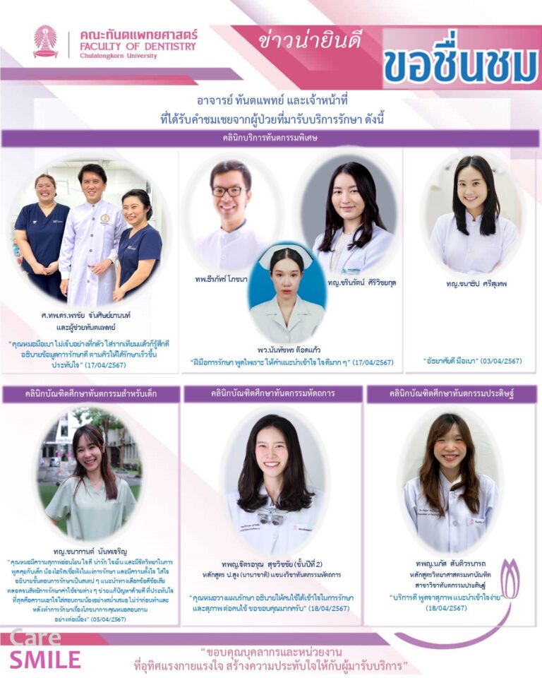 บุคลากรได้รับการชมเชยจากผู้มารับบริการรักษาทางทันตกรรม (เดือนเมษายน 2567)