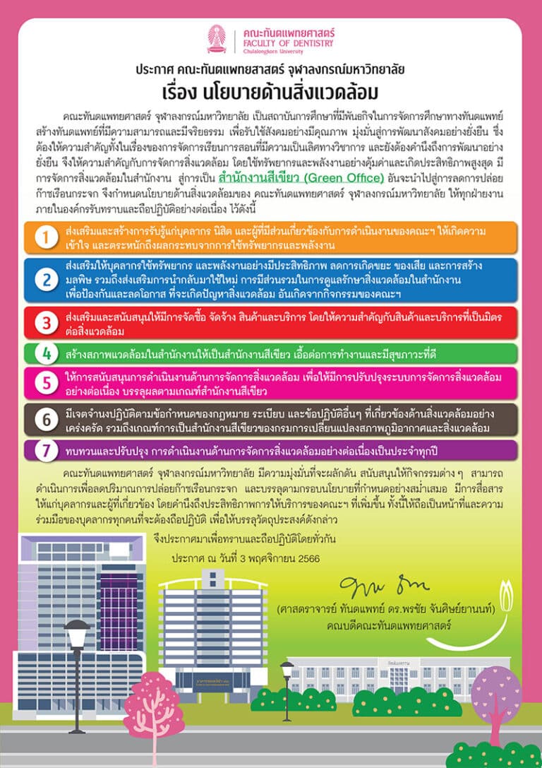 ประกาศ คณะทันตแพทยศาสตร์ จุฬาลงกรณ์มหาวิทยาลัย เรื่อง นโยบายด้านสิ่งแวดล้อม