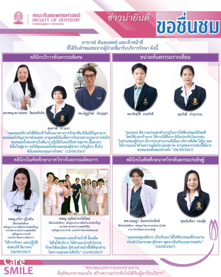 บุคลากรได้รับการชมเชยจากผู้มารับบริการรักษาทางทันตกรรม (เดือนกันยายน 2567)