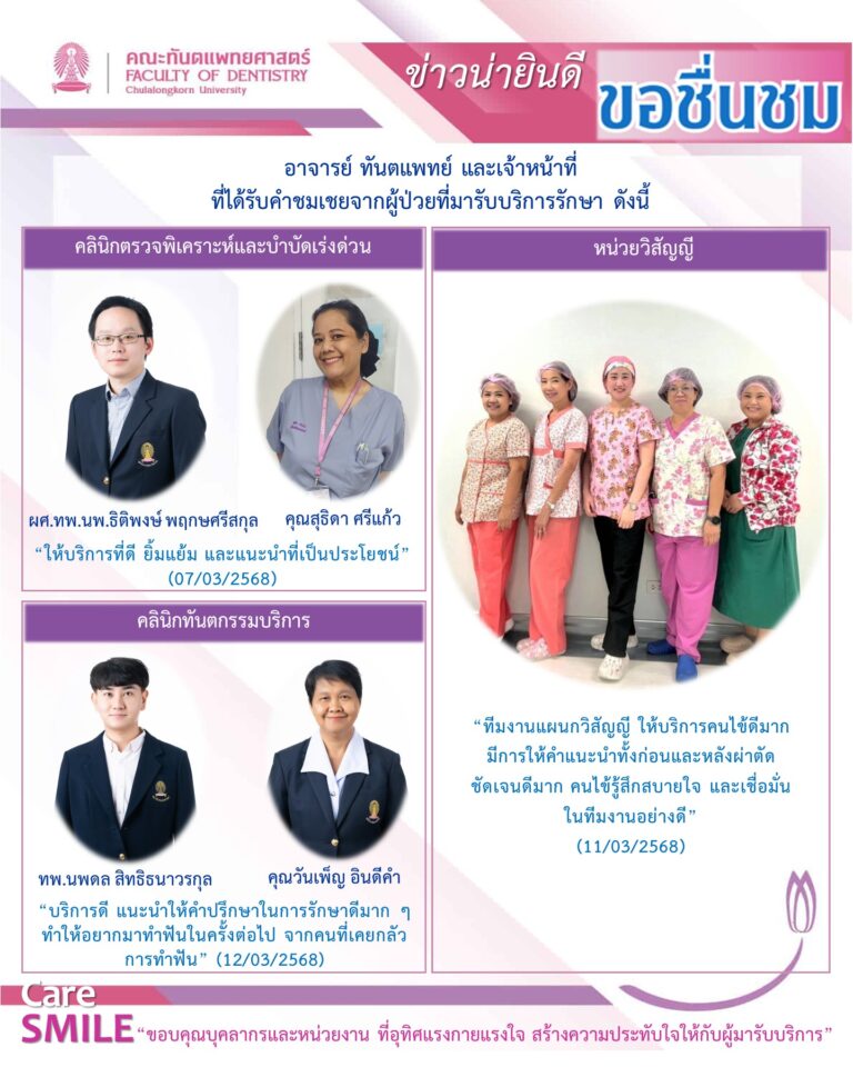 บุคลากรได้รับการชมเชยจากผู้มารับบริการรักษาทางทันตกรรม (เดือนมีนาคม 2568)