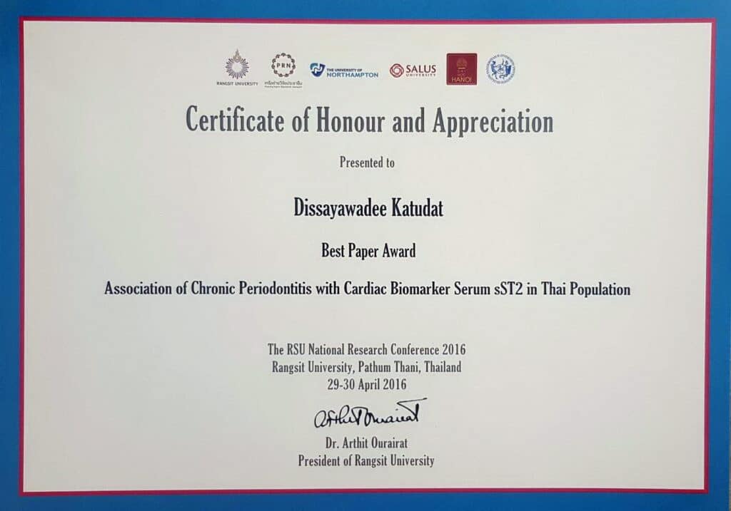 Certificate award Dissayawadee คณะทันตแพทยศาสตร์ จุฬาลงกรณ์มหาวิทยาลัย