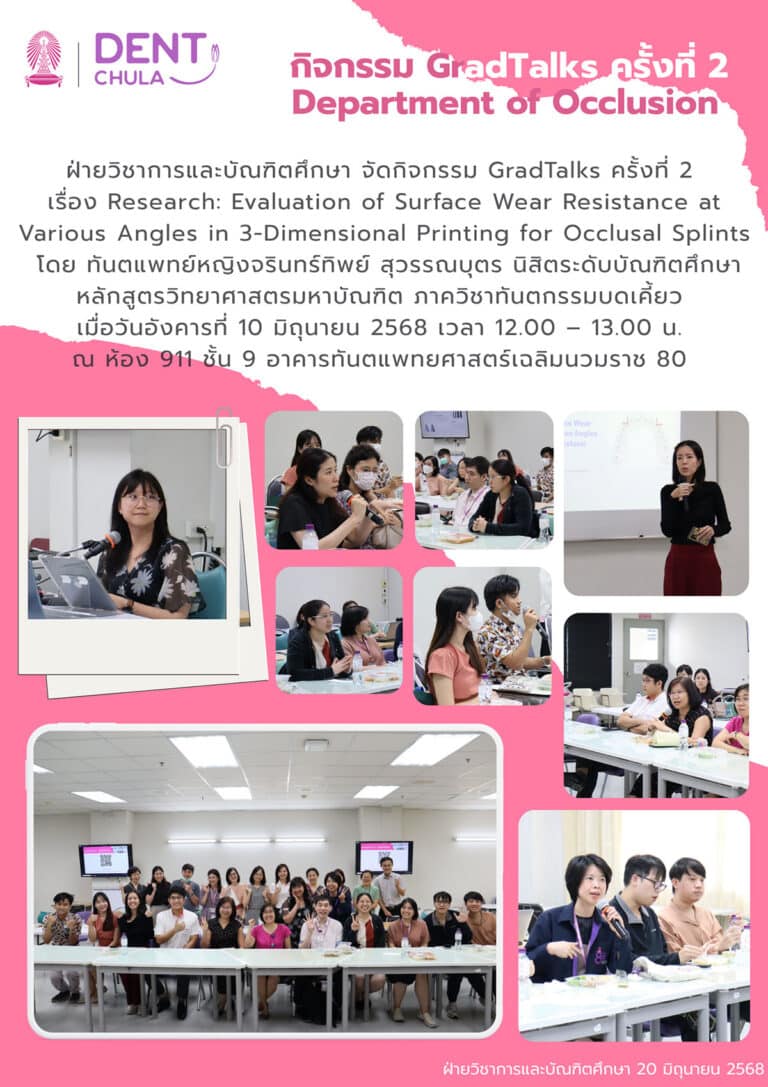 GradTalks ครั้งที่ 2 เรื่อง Case Conference : Evaluation of Surface Wear Resistance at Various Angles in 3-Dimensional Printing for Occlusal Splints