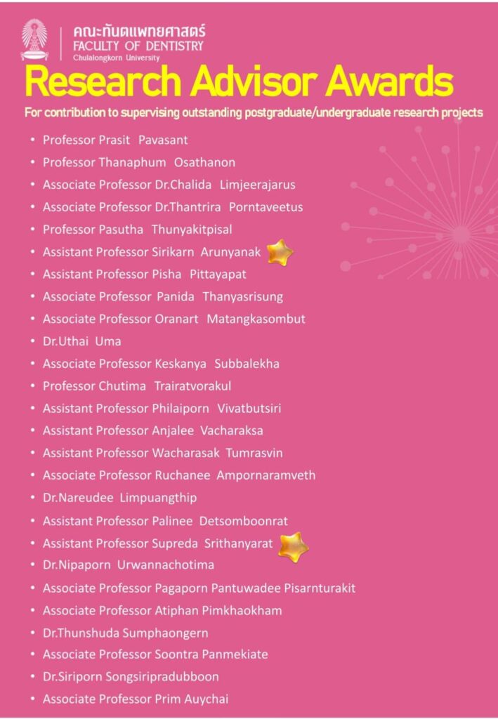 Research Advisor Awards คณะทันตแพทยศาสตร์ จุฬาลงกรณ์มหาวิทยาลัย