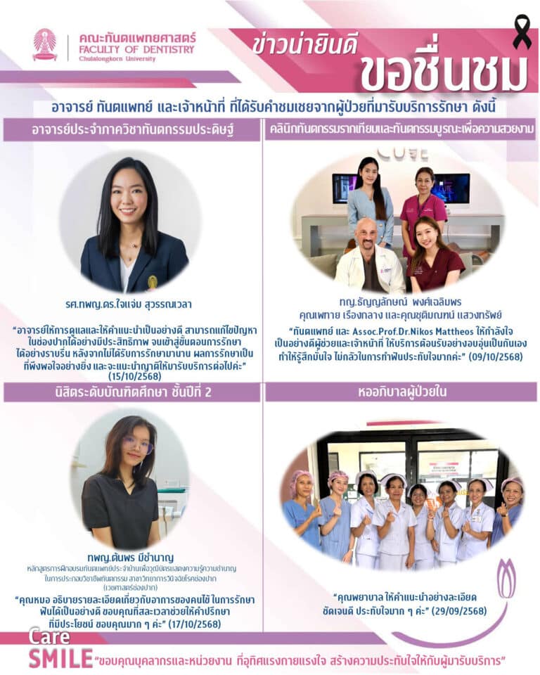 บุคลากรได้รับการชมเชยจากผู้มารับบริการรักษาทางทันตกรรม (เดือนตุลาคม 2568)