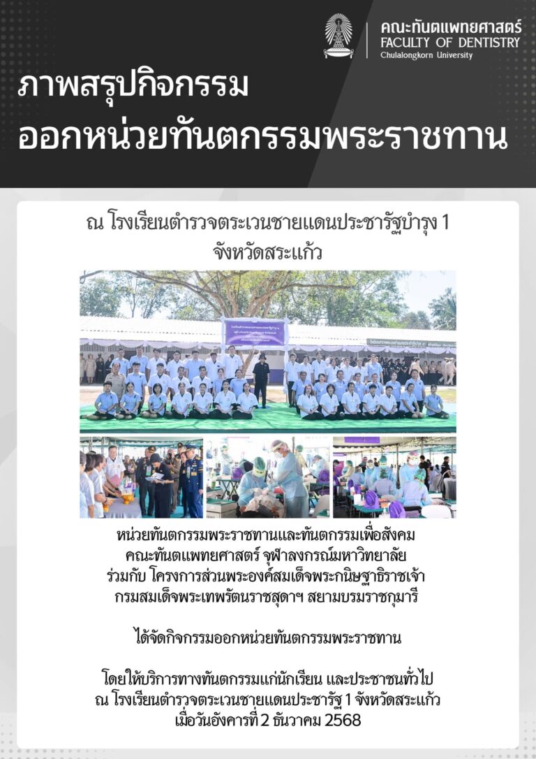 หน่วยทันตกรรมพระราชทานและทันตกรรมเพื่อสังคม คณะทันตแพทยศาสตร์ จุฬาลงกรณ์มหาวิทยาลัย ร่วมกับ โครงการส่วนพระองค์สมเด็จพระกนิษฐาธิราชเจ้า กรมสมเด็จพระเทพรัตนราชสุดาฯ สยามบรมราชกุมารี จัดกิจกรรมออกหน่วยทันตกรรมพระราชทาน ณ โรงเรียนตำรวจตระเวนชายแดนประชารัฐ 1 จังหวัดสระแก้ว